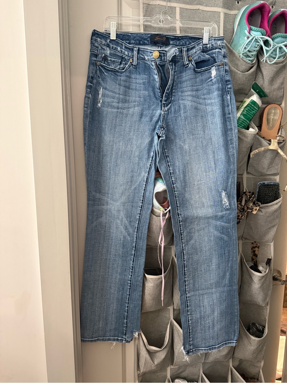 Seven7 Women's Light Blue Straight-Leg Distressed Jeans